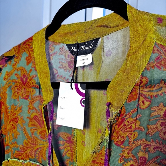 44335 YOUNG THREADS Overdyed Band Collar Jhabla Patchwork Top Camel SZ M - Picture 3 of 5